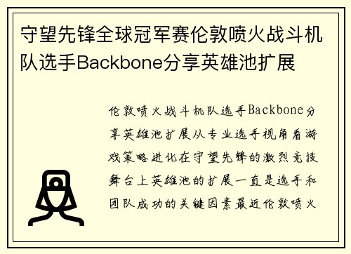 守望先锋全球冠军赛伦敦喷火战斗机队选手Backbone分享英雄池扩展